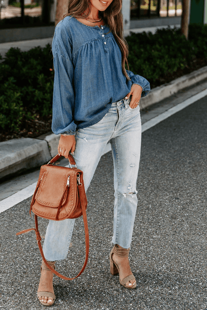 Syvette - casual denim blouse met lange mouwen