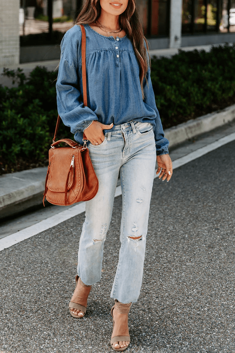 Syvette - casual denim blouse met lange mouwen