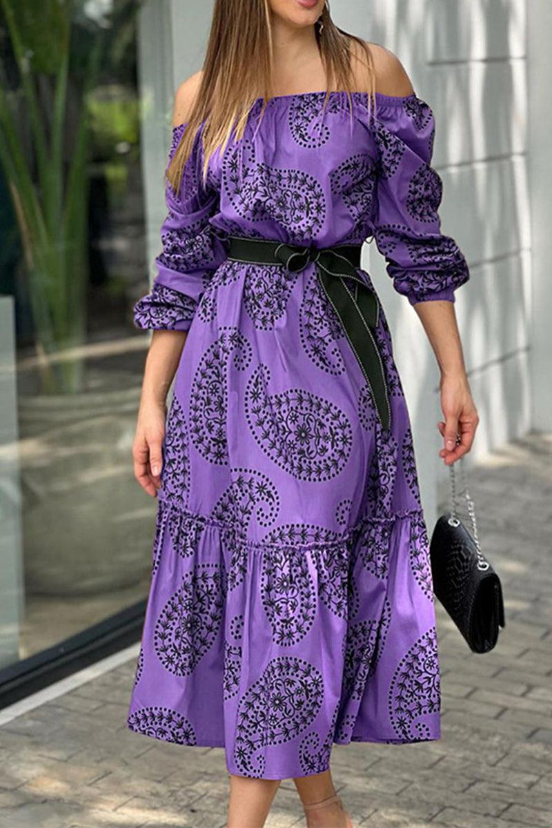 Rachael - off shoulder long-sleeved printed dress - ZyraLux