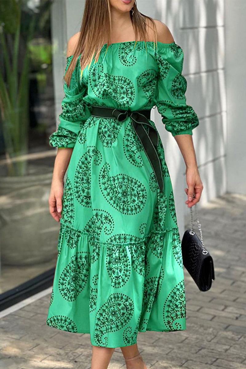 Rachael - off shoulder long-sleeved printed dress - ZyraLux