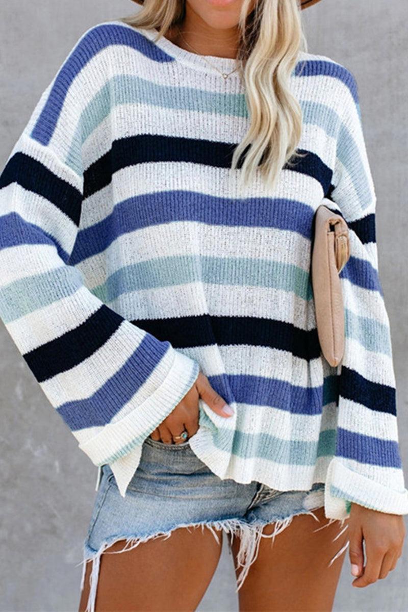 Rachel - color blocking stripes knitwear flared sleeve top - ZyraLux