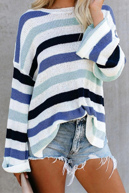 Rachel - color blocking stripes knitwear flared sleeve top - ZyraLux