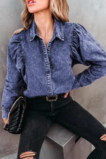 Phoebe - women's button-down collar long sleeve denim shirt - ZyraLux