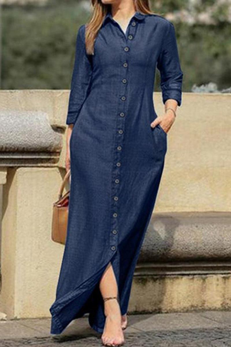 Crista - turndown collar long sleeve loose denim dress - ZyraLux