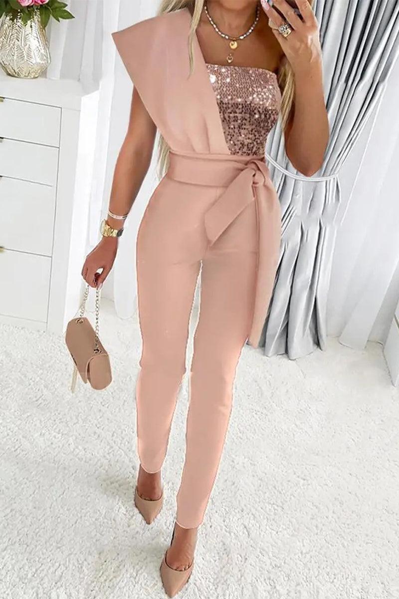 Katarina - elegant sequin asymmetrical collar jumpsuit - ZyraLux