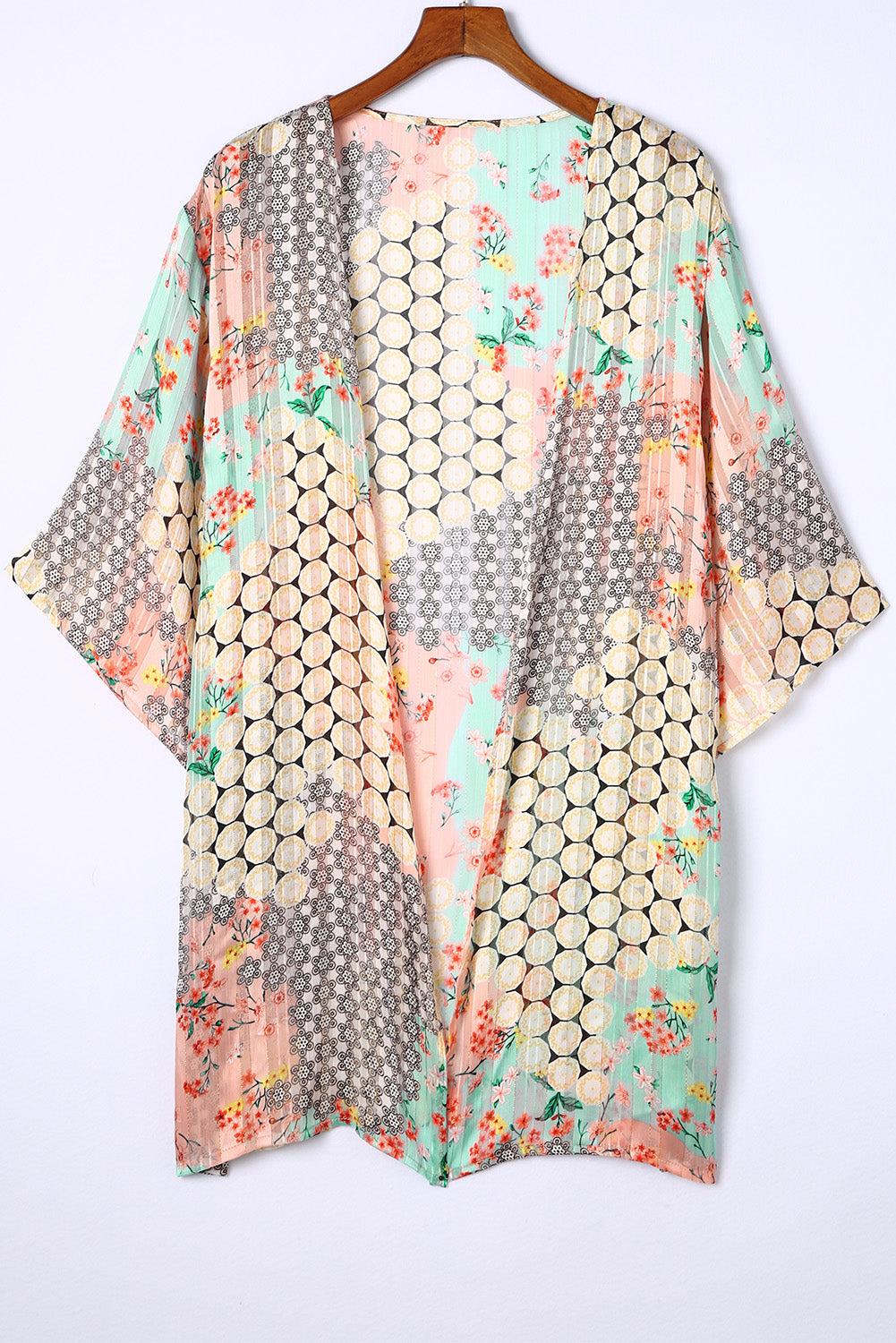 Kimono met meerdere kleuren bloemenprint en open, doorschijnende, glanzende stof