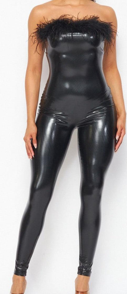 Black Vegan Leather Strapless Feather Jumpsuit - ZyraLux