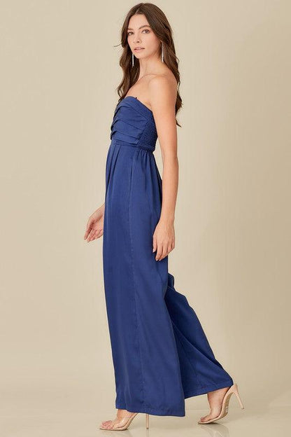 Beautiful Blue Strapless Detailed Wide Leg Jumpsuit - ZyraLux