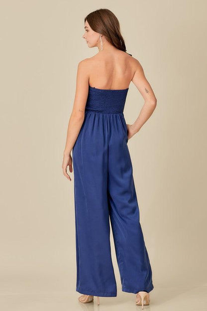 Beautiful Black Strapless Detailed Wide Leg Jumpsuit - ZyraLux