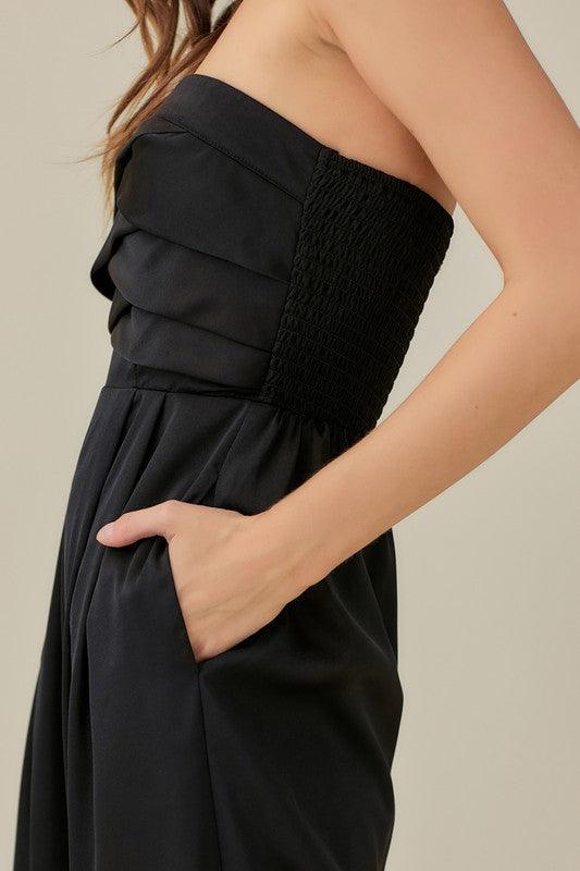 Beautiful Black Strapless Detailed Wide Leg Jumpsuit - ZyraLux