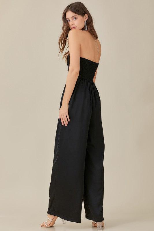 Beautiful Black Strapless Detailed Wide Leg Jumpsuit - ZyraLux