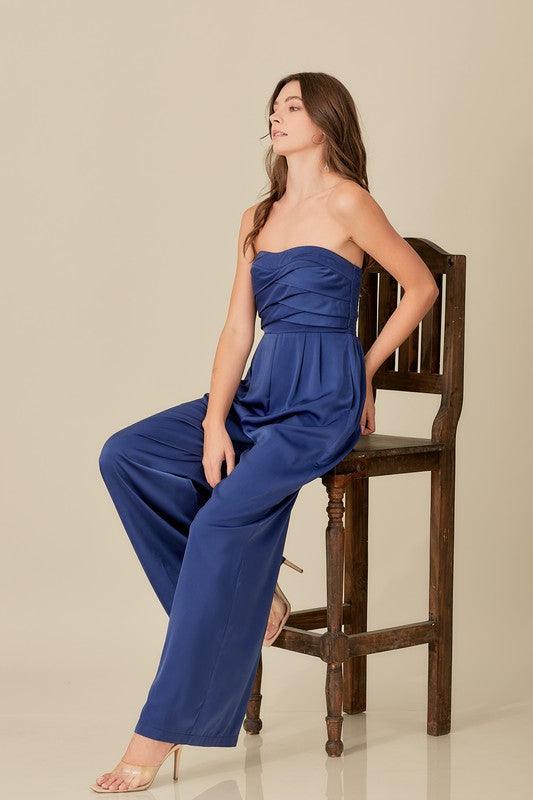 Beautiful Blue Strapless Detailed Wide Leg Jumpsuit - ZyraLux