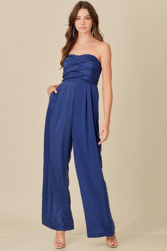 Beautiful Blue Strapless Detailed Wide Leg Jumpsuit - ZyraLux