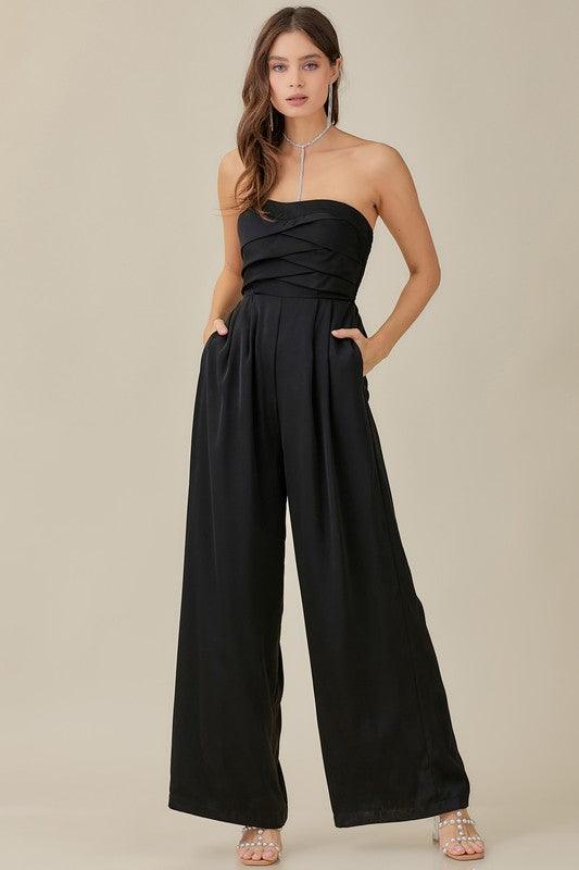 Beautiful Blue Strapless Detailed Wide Leg Jumpsuit - ZyraLux