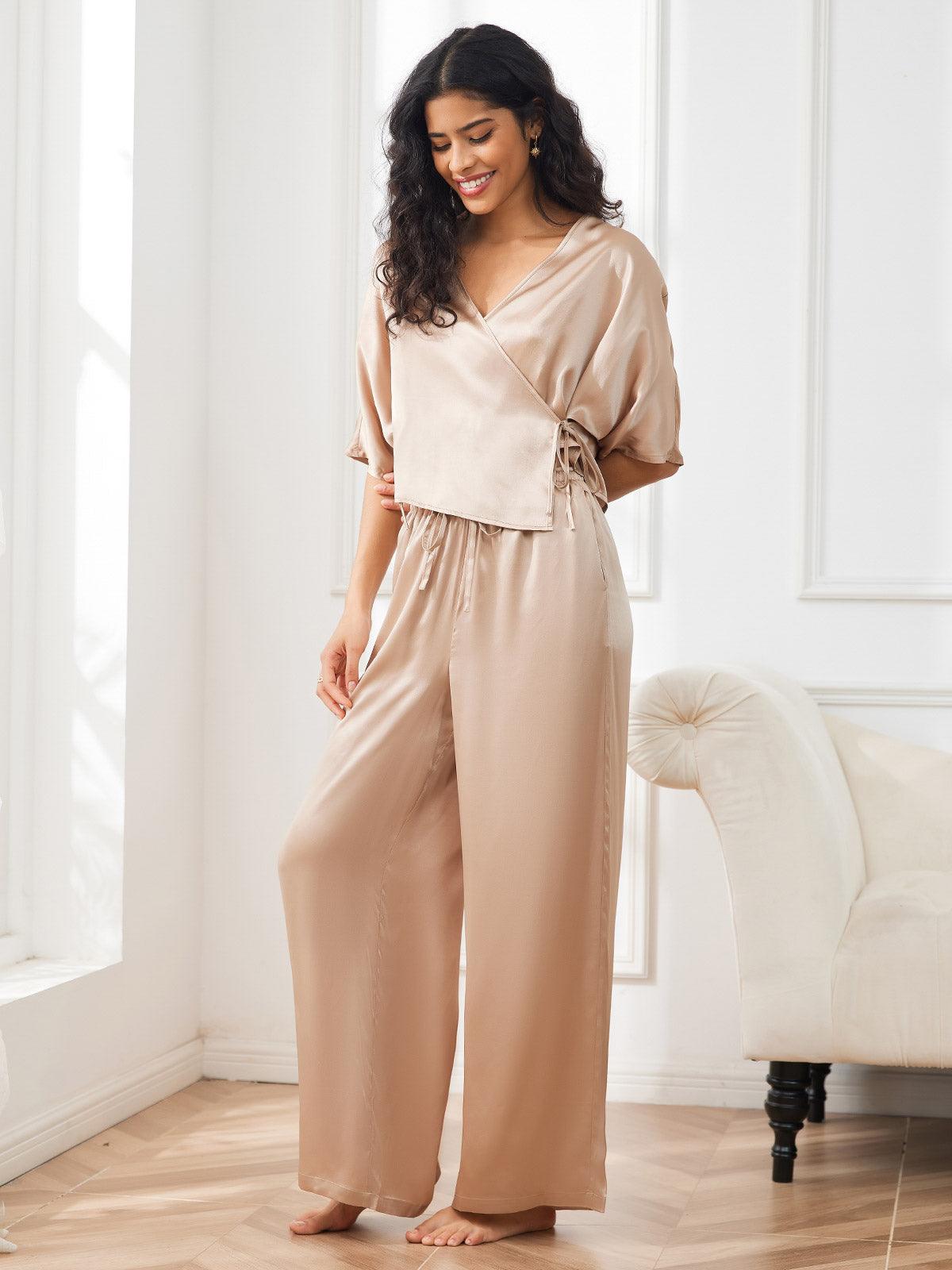 NOÉMIE - Silk Pajama Set with Lace and Short Sleeves - ZyraLux Pyjama