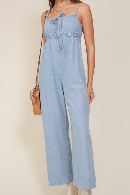 Denim Blue Sleeveless Jumpsuit With Self Jump Tie - ZyraLux