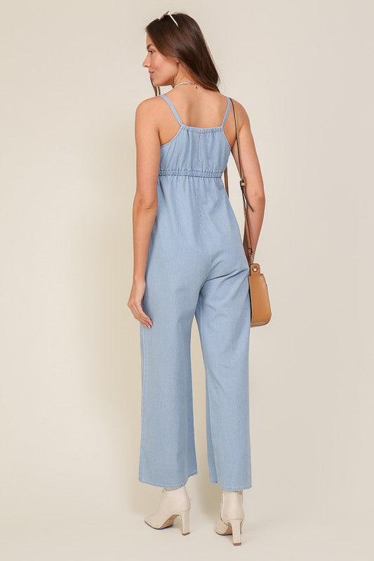 Denim Blue Sleeveless Jumpsuit With Self Jump Tie - ZyraLux