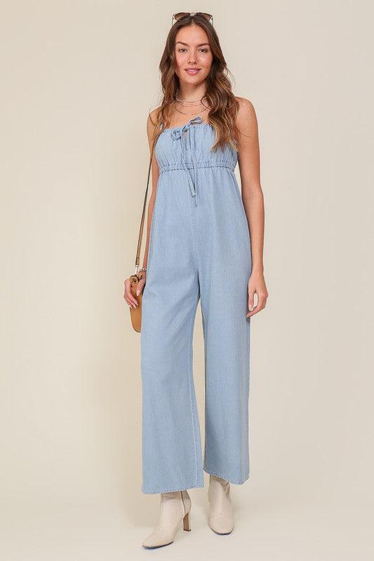 Denim Blue Sleeveless Jumpsuit With Self Jump Tie - ZyraLux