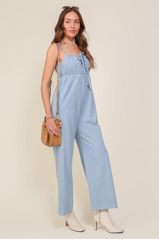 Denim Blue Sleeveless Jumpsuit With Self Jump Tie - ZyraLux