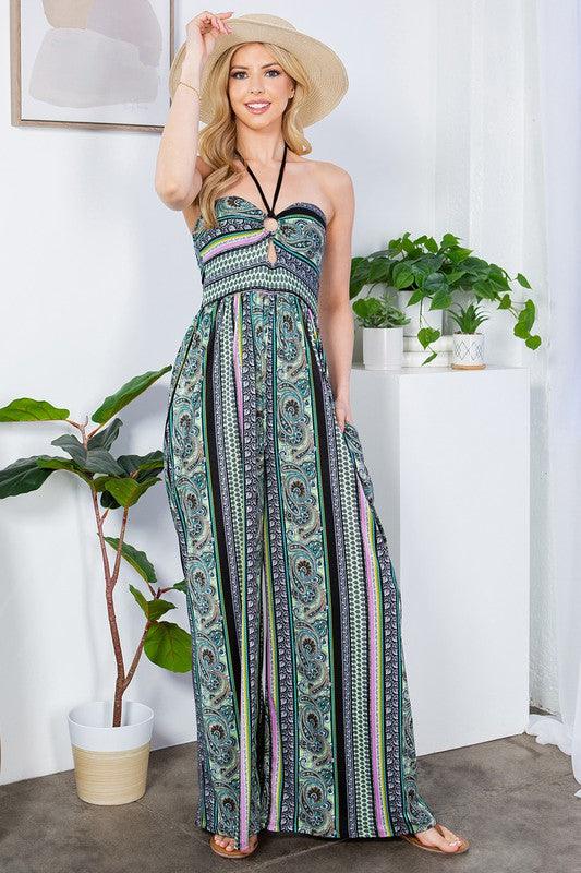 Tribale zwarte halter jumpsuit met wijde pijpen en zakken