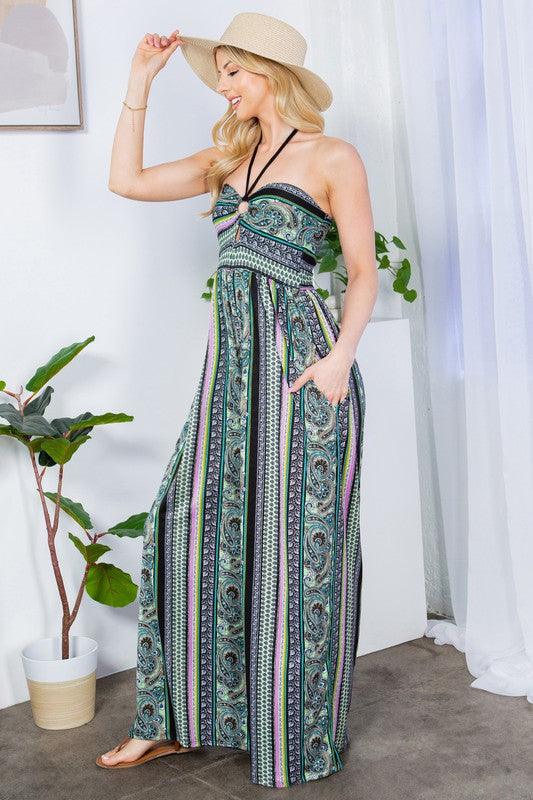 Tribale zwarte halter jumpsuit met wijde pijpen en zakken