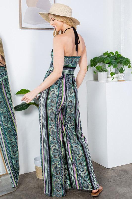 Tribale zwarte halter jumpsuit met wijde pijpen en zakken