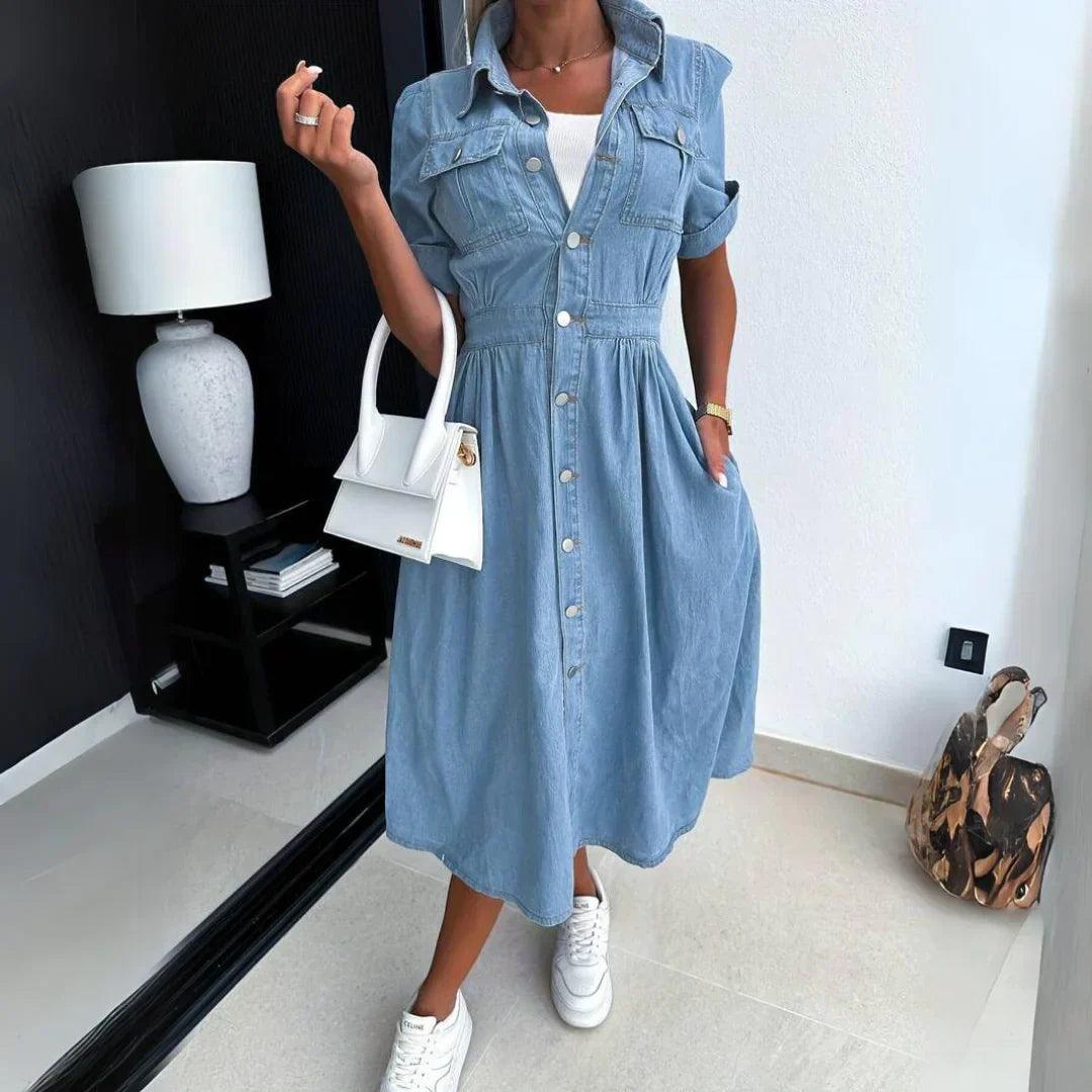 Denim Midi Dress | Blue | Cotton | Casual and Stylish - ZyraLux Kleding en accessoires