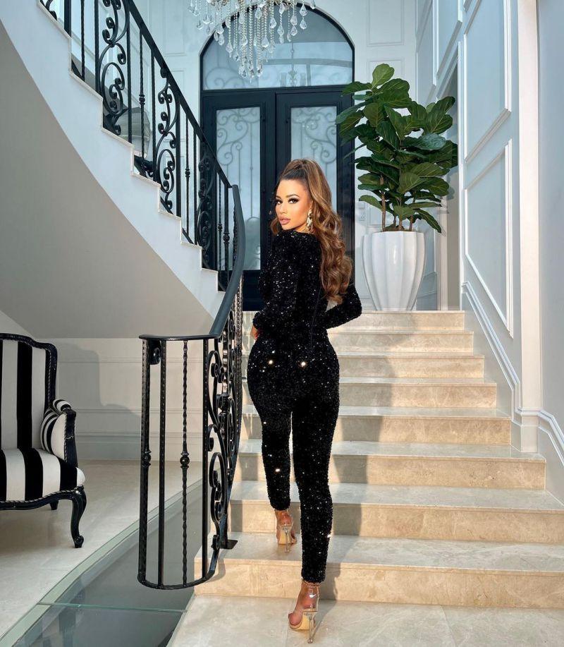 Black Sequin Long Sleeve V Cut Jumpsuit - ZyraLux