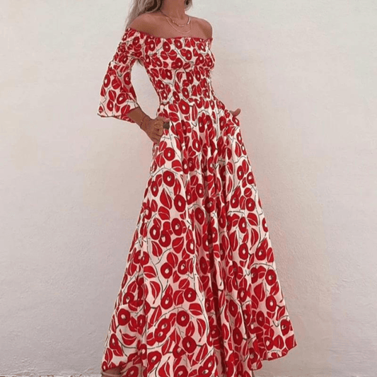 Kristal - Red & White Print Long Summer Dress - ZyraLux