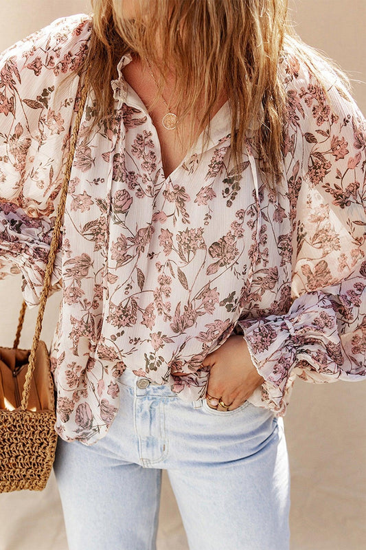 Anita - floral print v-neck strap long sleeve blouse - ZyraLux