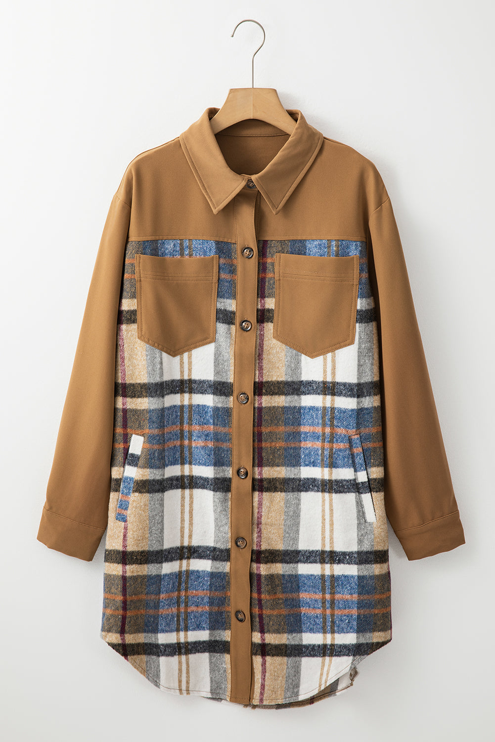 Chique Khaki Plaid Patchwork Lange Mouw Shirtjurk