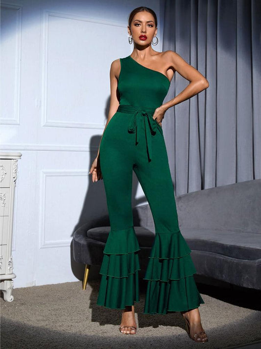 One Shoulder Green Ruffle Layered Wide Leg Jumpsuit - ZyraLux