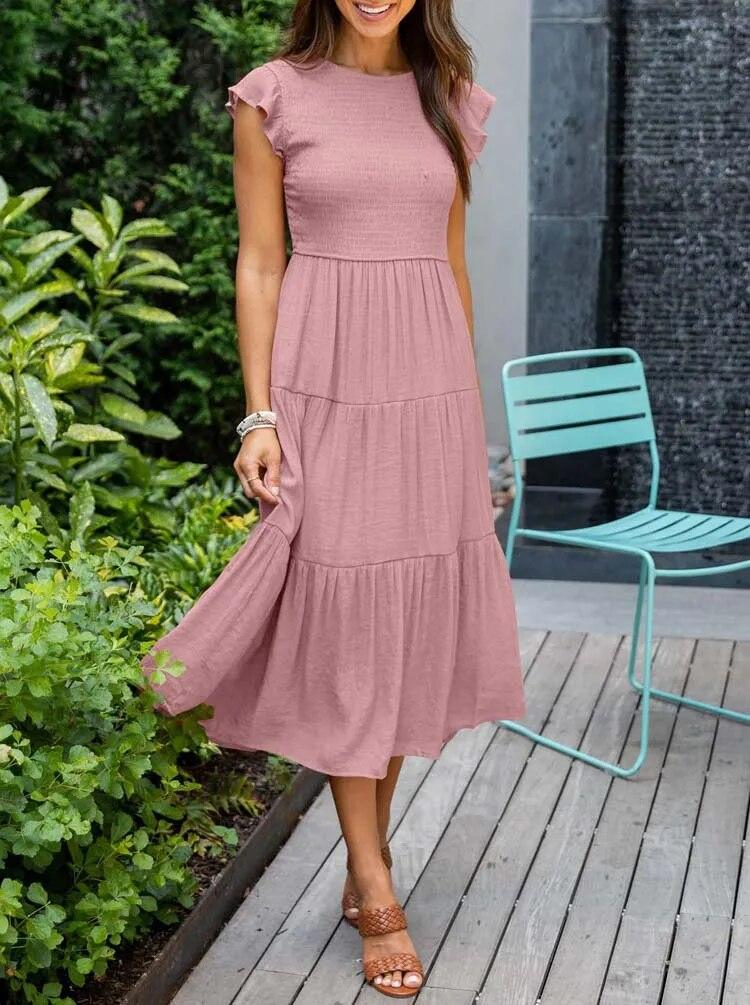 Flutter Sleeve Midi Dress | Pink | Chiffon | Elegant and Flowing - ZyraLux Kleding en accessoires