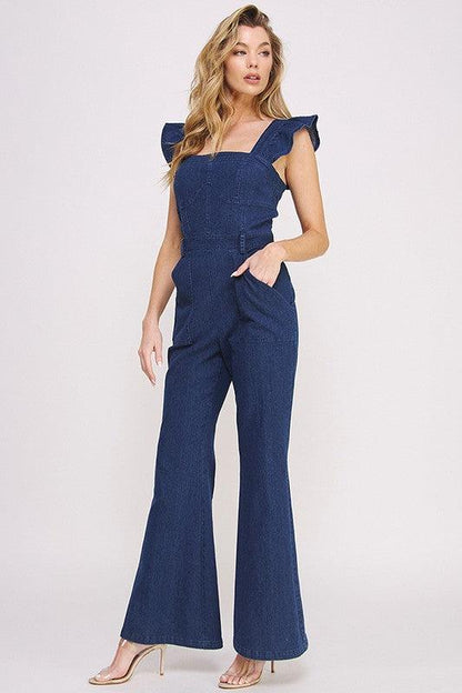 Denim Blue Ruffle Flare Leg Jumpsuit - ZyraLux