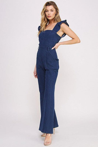 Denim Blue Ruffle Flare Leg Jumpsuit - ZyraLux