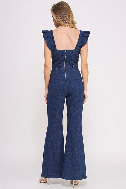 Denim Blue Ruffle Flare Leg Jumpsuit - ZyraLux