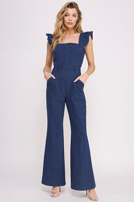 Denim Blue Ruffle Flare Leg Jumpsuit - ZyraLux