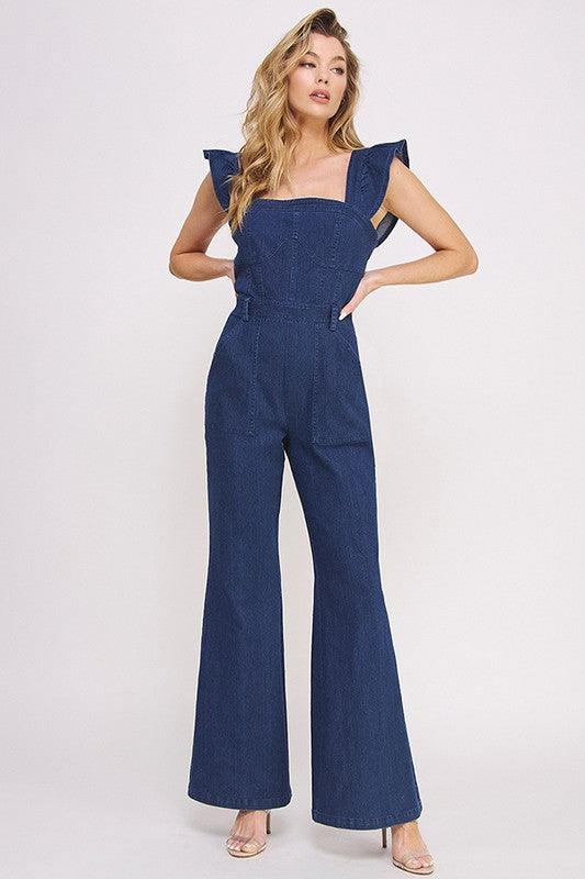 Denim Blue Ruffle Flare Leg Jumpsuit - ZyraLux