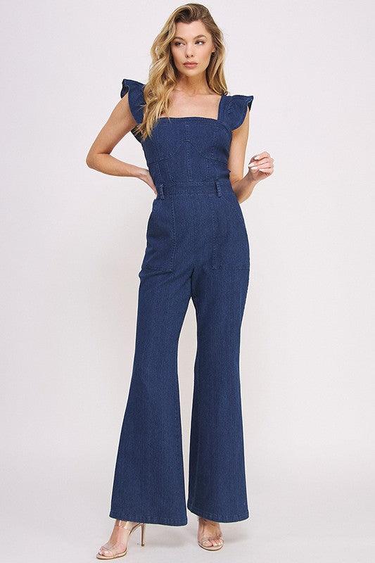 Denim Blue Ruffle Flare Leg Jumpsuit - ZyraLux