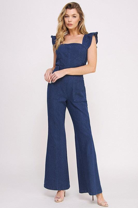 Denim Blue Ruffle Flare Leg Jumpsuit - ZyraLux