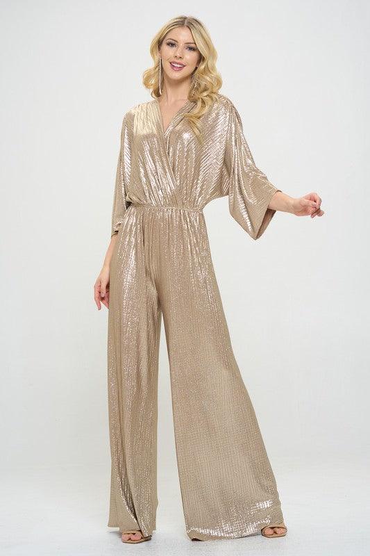 Kimono Sleeve Disco Gold Wide Leg Jumpsuit - ZyraLux