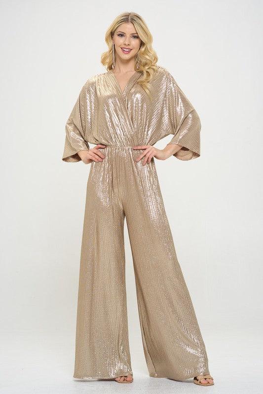 Kimono Sleeve Disco Gold Wide Leg Jumpsuit - ZyraLux