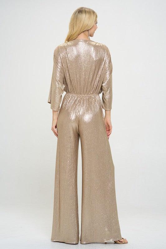 Kimono Sleeve Disco Gold Wide Leg Jumpsuit - ZyraLux