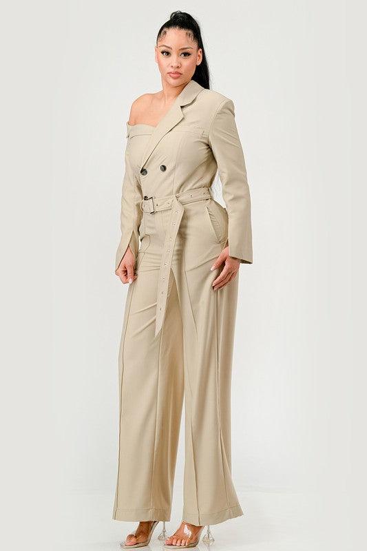 Savannah Elegance Khaki Trench Style Jumpsuit - ZyraLux