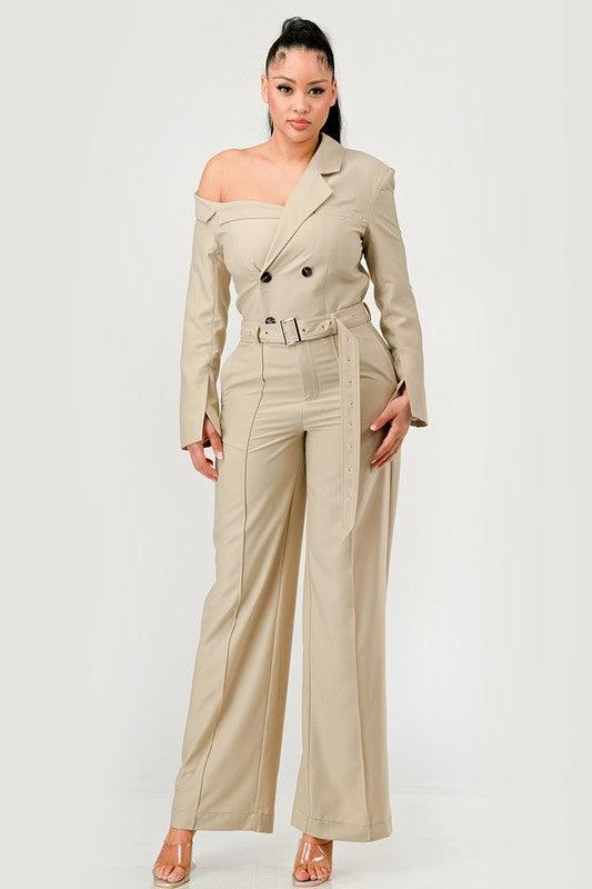 Savannah Elegance Khaki Trench Style Jumpsuit - ZyraLux