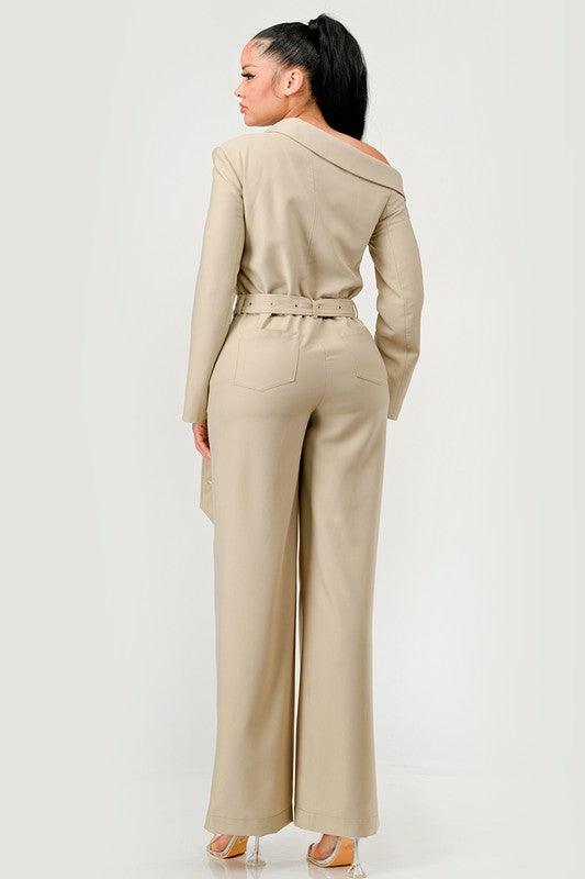 Savannah Elegance Khaki Trench Style Jumpsuit - ZyraLux