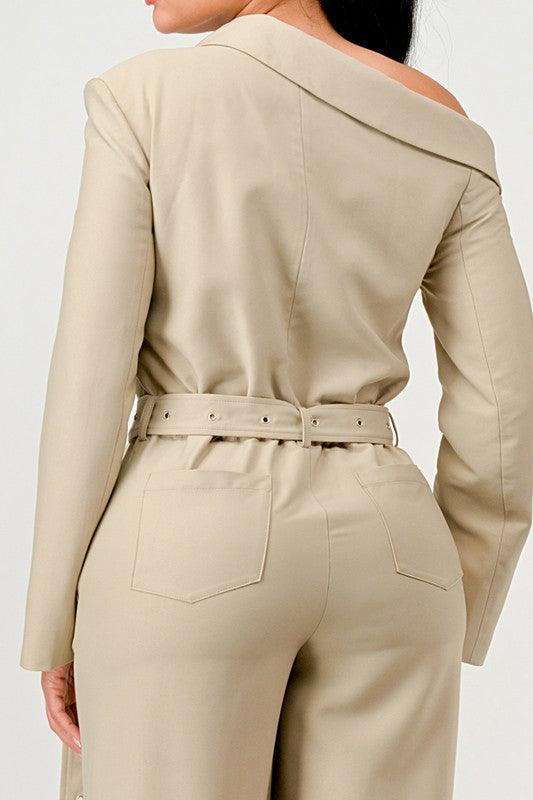 Savannah Elegance Khaki Trench Style Jumpsuit - ZyraLux