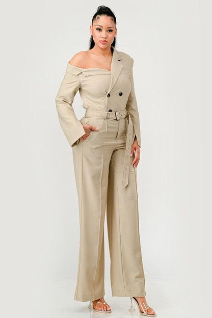 Savannah Elegance Khaki Trench Style Jumpsuit - ZyraLux