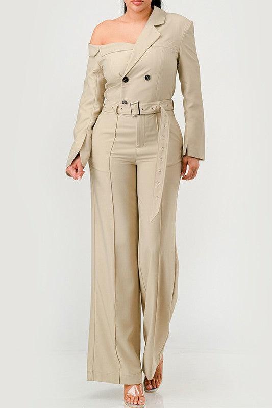 Savannah Elegance Khaki Trench Style Jumpsuit - ZyraLux