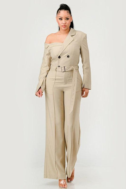 Savannah Elegance Khaki Trench Style Jumpsuit - ZyraLux